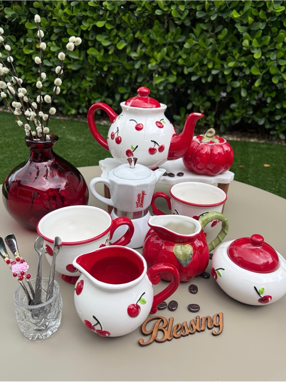 Cherry-Accent Red and White Ceramic Dominican Coffee Set